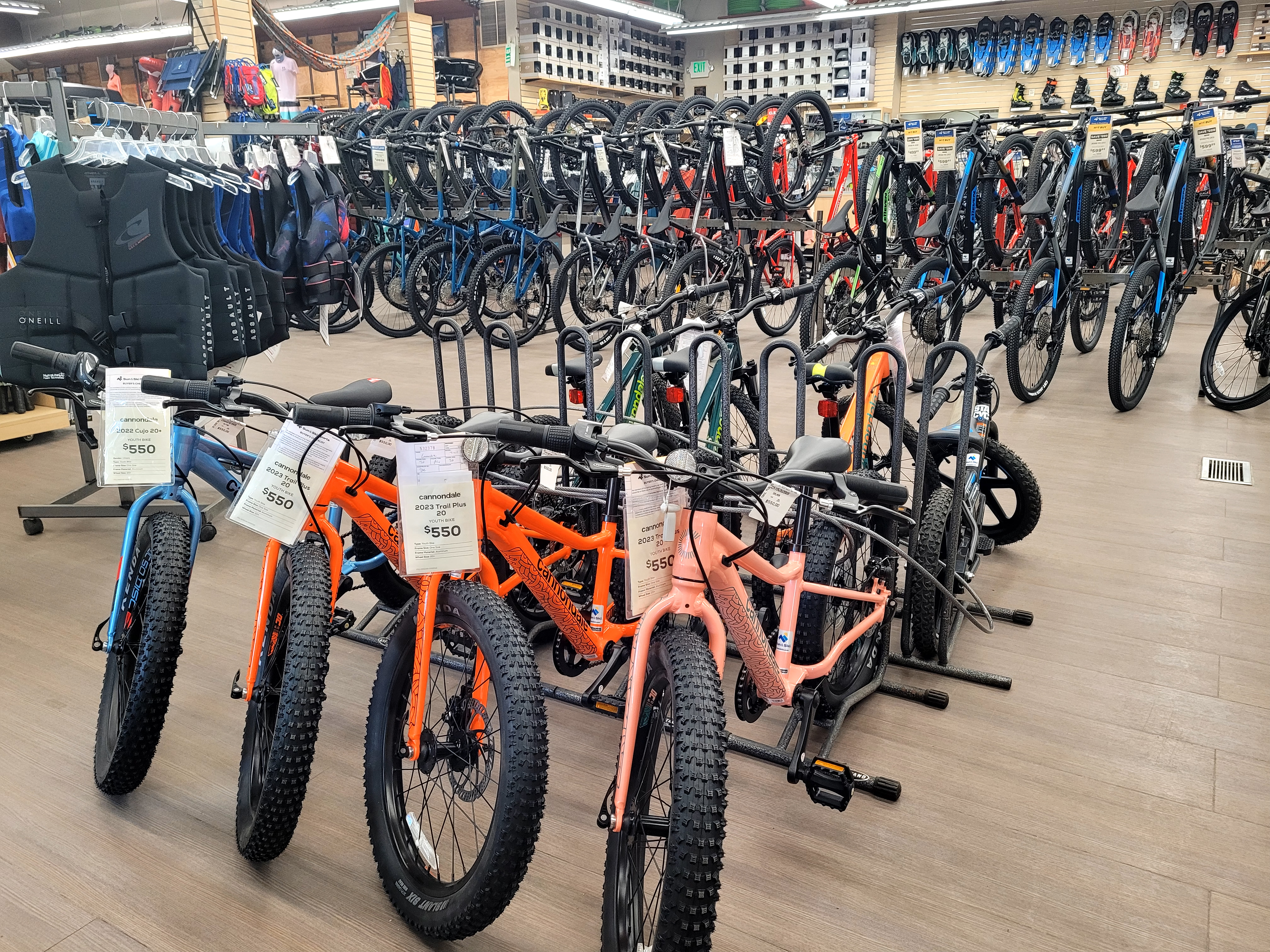 Bikes on display in a Sun & Ski Sports bike shop in Dillon, CO