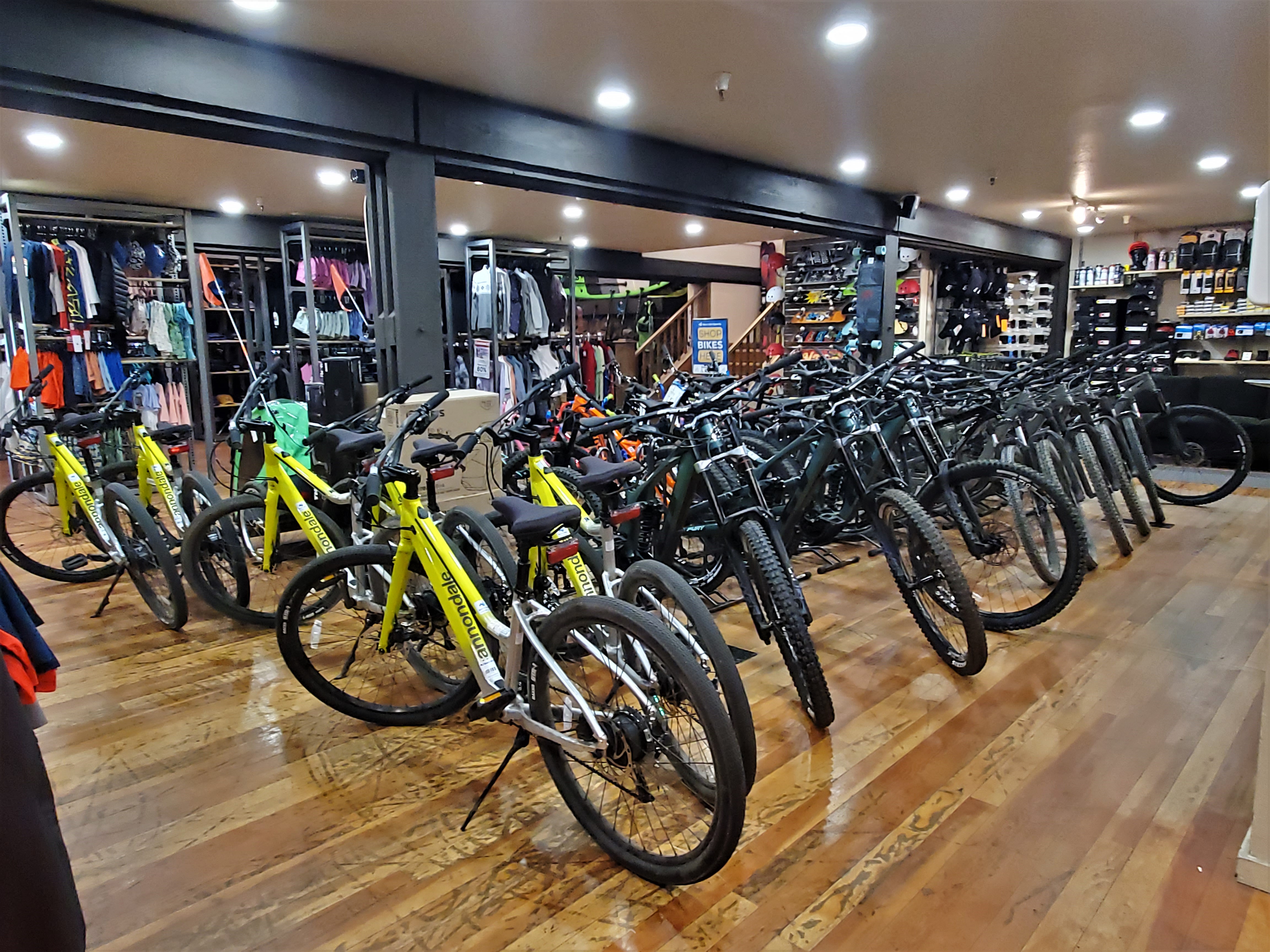 Bikes on display in a Sun & Ski Sports bike shop in Mammoth Lakes